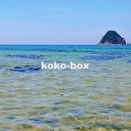 青い空と透き通るような海と島が写った海岸の写真