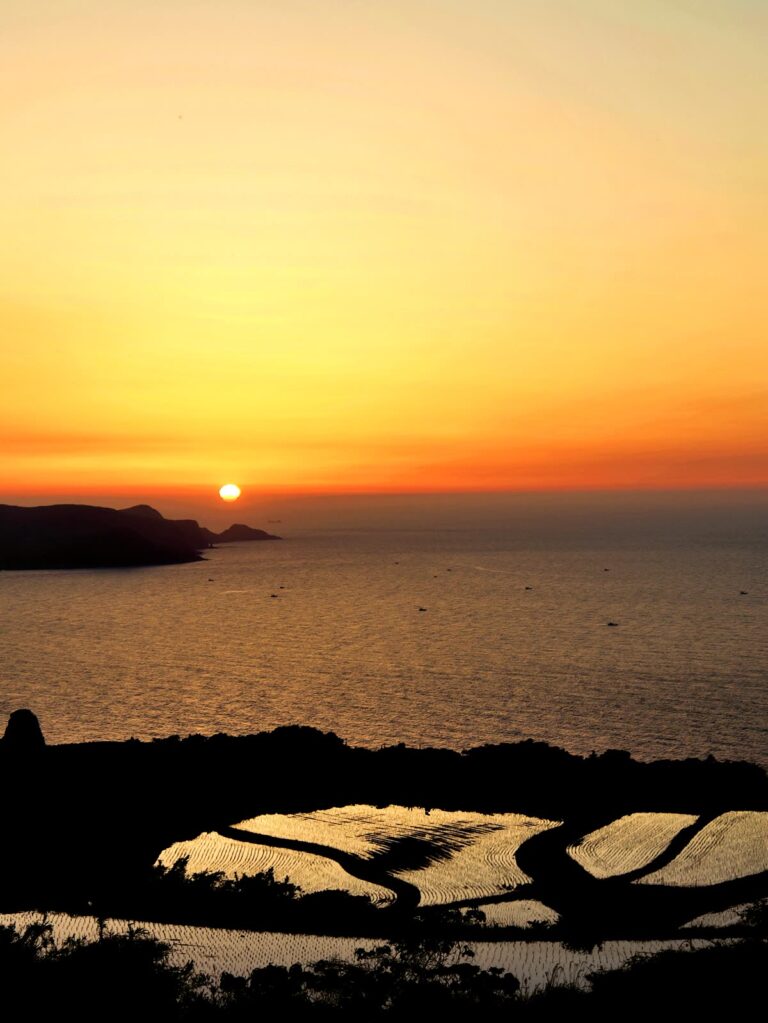 海沿いの棚田と沈む夕日 縦位置写真素材