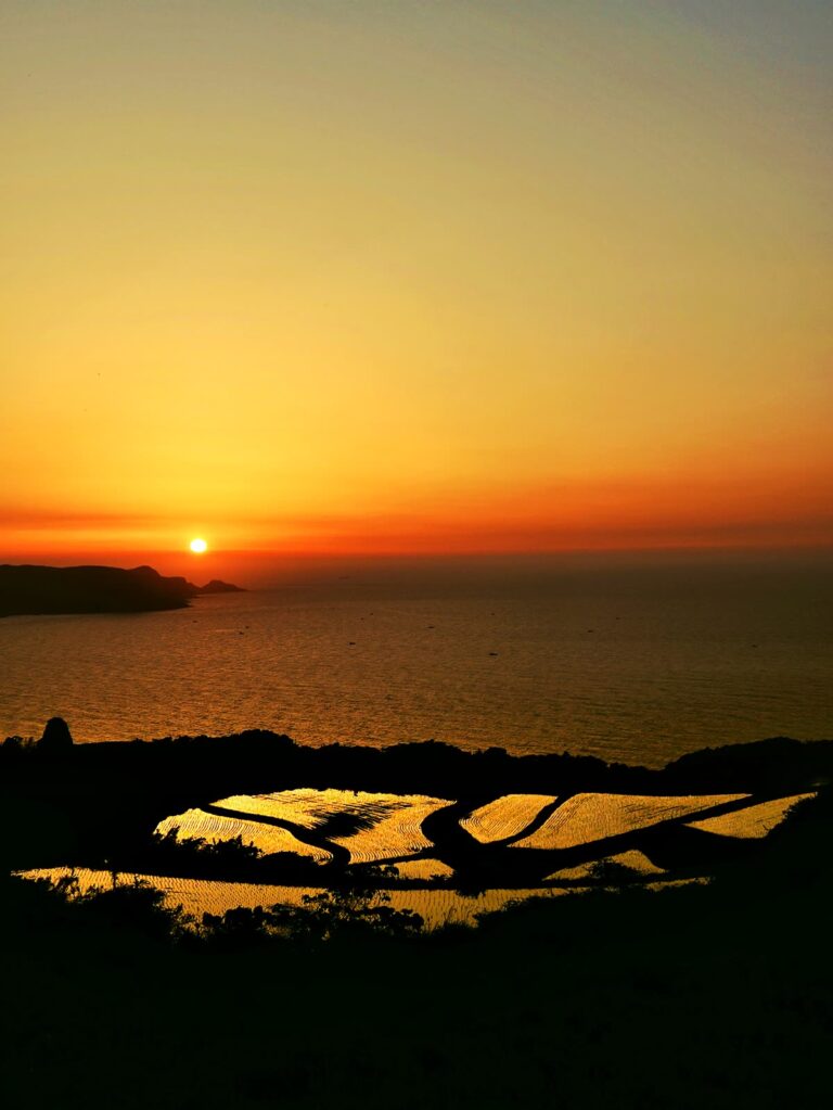海に沈む夕日と棚田の絶景 縦位置写真素材