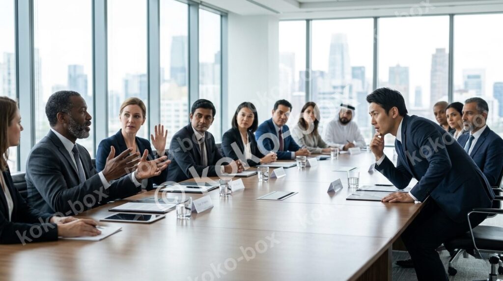 会議室で議論する多国籍なビジネスパーソンたちの横位置写真
