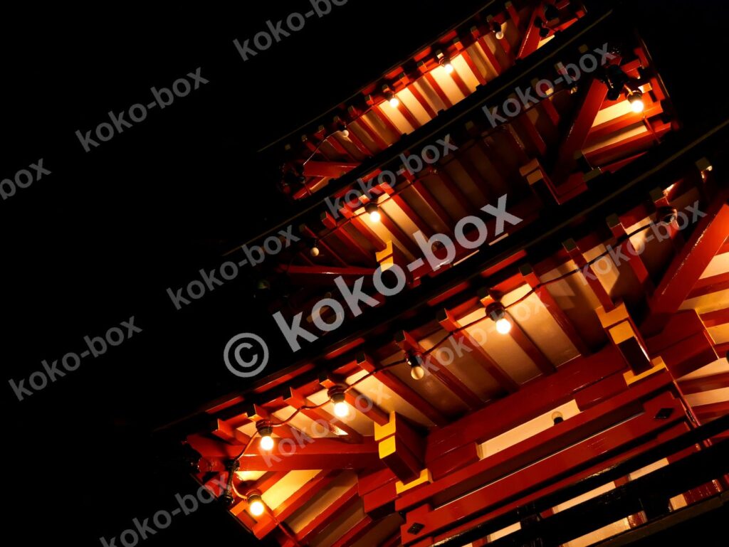 浅草寺五重塔の夜のライトアップと朱塗りの軒下 横位置