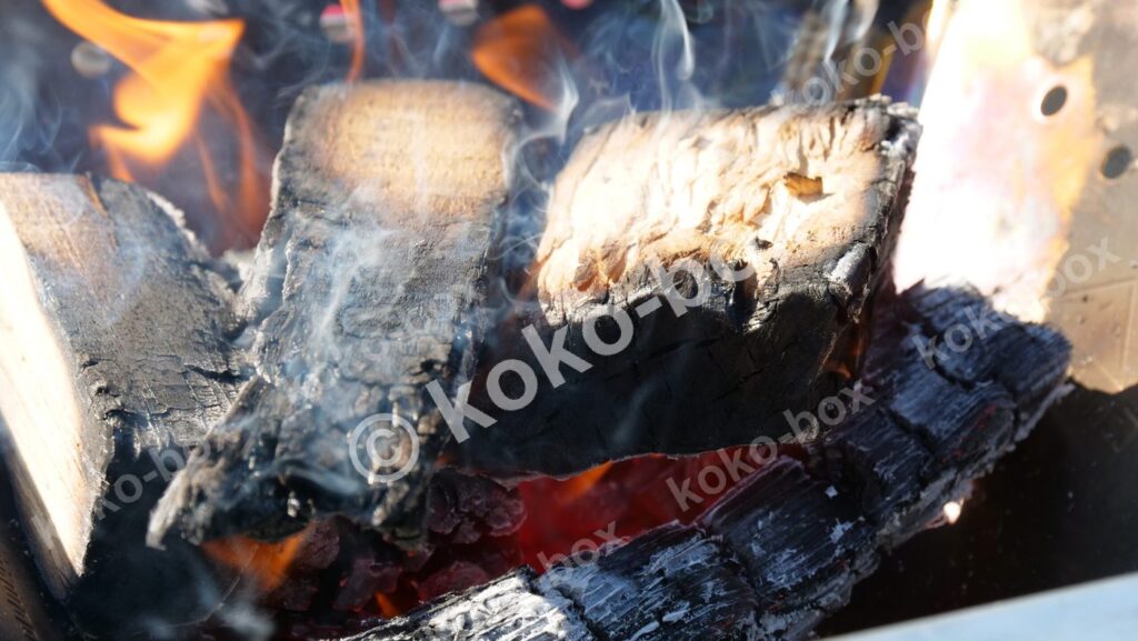 炎が燃える焚火のキャンプ写真素材