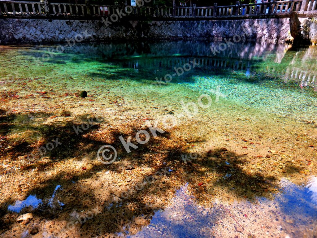 透明度抜群の渓流と水鏡のような水面を捉えた横位置写真
