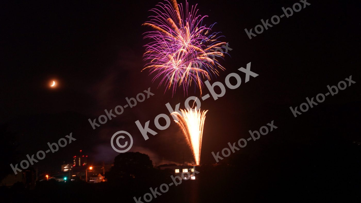 2つの紫花火と半月の夜空コラボ写真素材