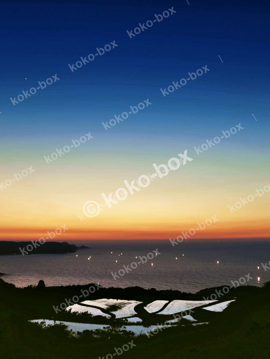 夕暮れの海と棚田 幻想的な縦位置写真素材