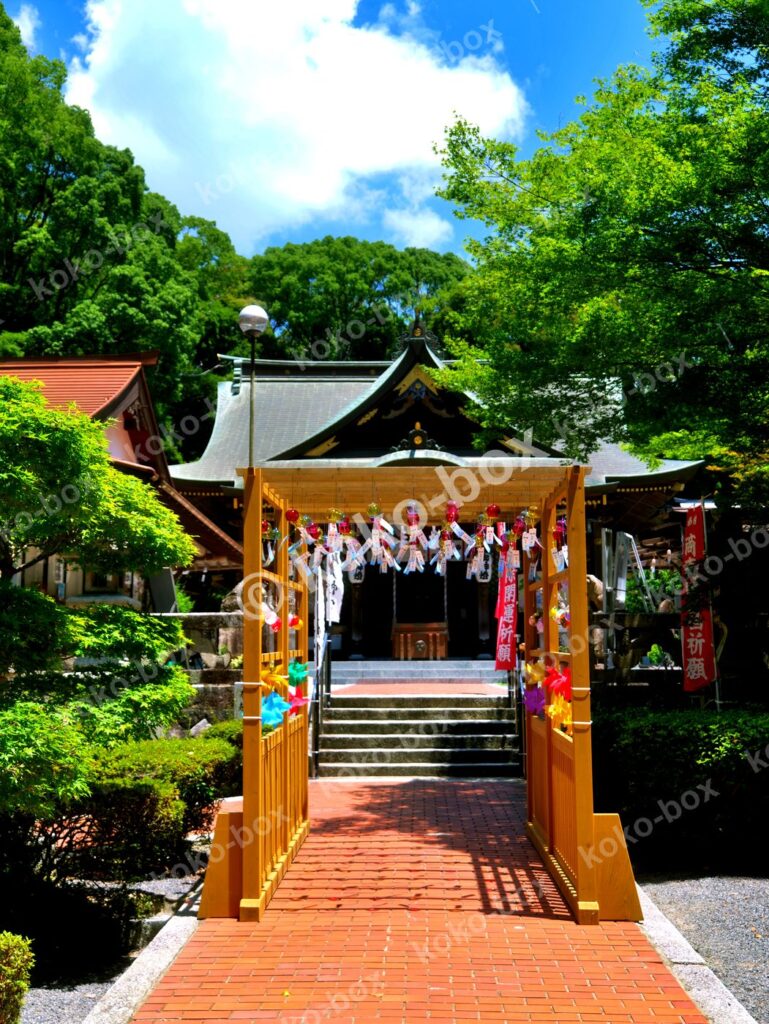新緑の神社に飾られた風鈴の小径の縦位置写真