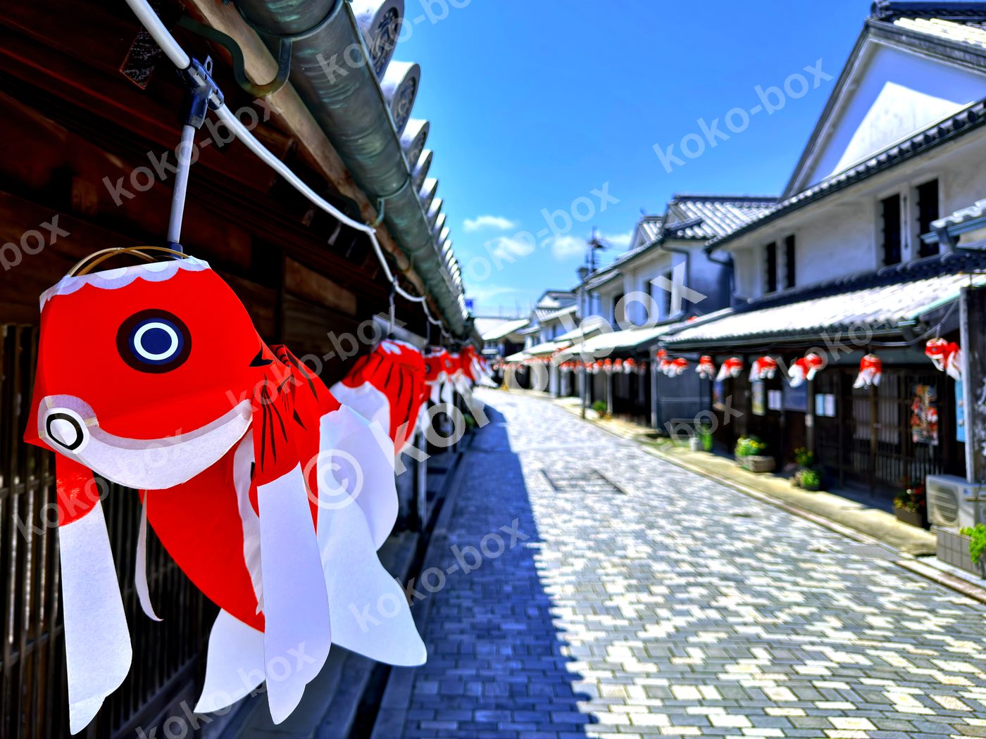 柳井市の白壁通りに並ぶ金魚ちょうちんの横位置写真
